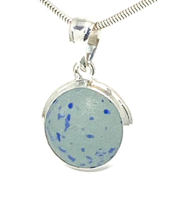 Blue Speckled Sea Glass Marble Pendant on Silver Chain
