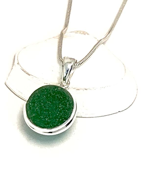 Emerald Green Sea Glass Marble Pendant on Silver Chain