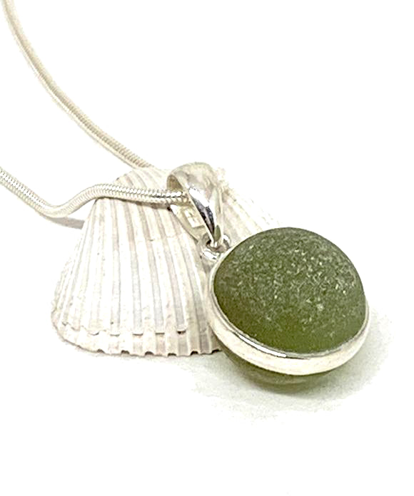Olive Sea Glass Marble Pendant on Silver Chain