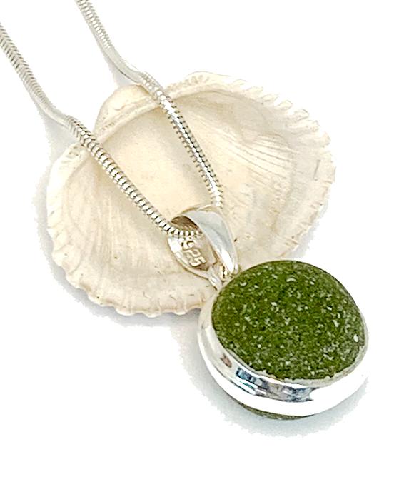 Olive Green Sea Glass Marble Pendant on Silver Chain