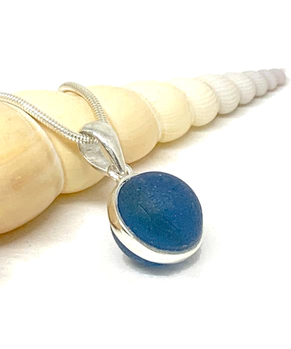 Small Teal Sea Glass Marble Pendant on Silver Chain