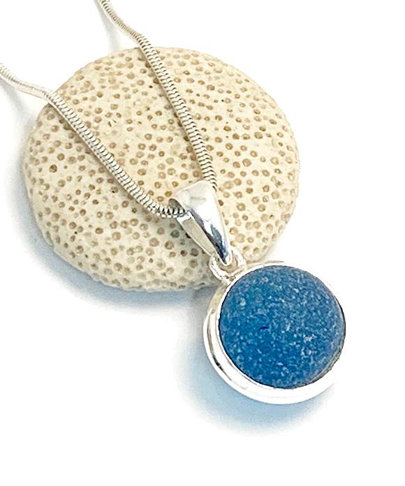 Dark Teal Sea Glass Marble Pendant on Silver Chain