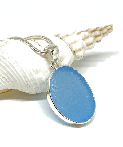 Bright Aqua Sea Glass Oval Shaped Pendant on Silver Chain