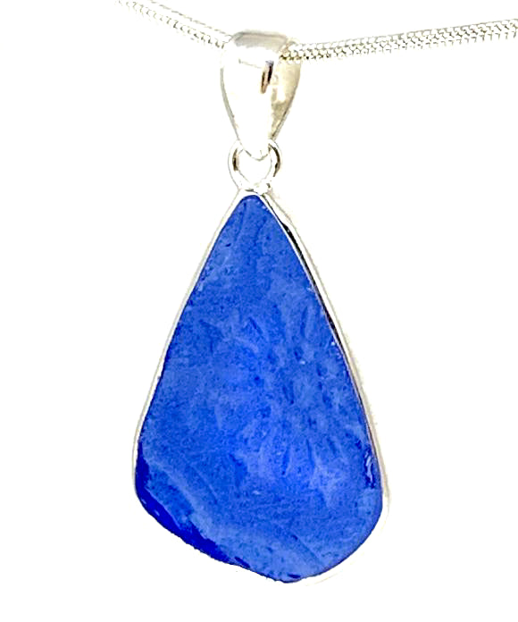 Textured Cobalt Blue Sea Glass Pendant on Silver Chain