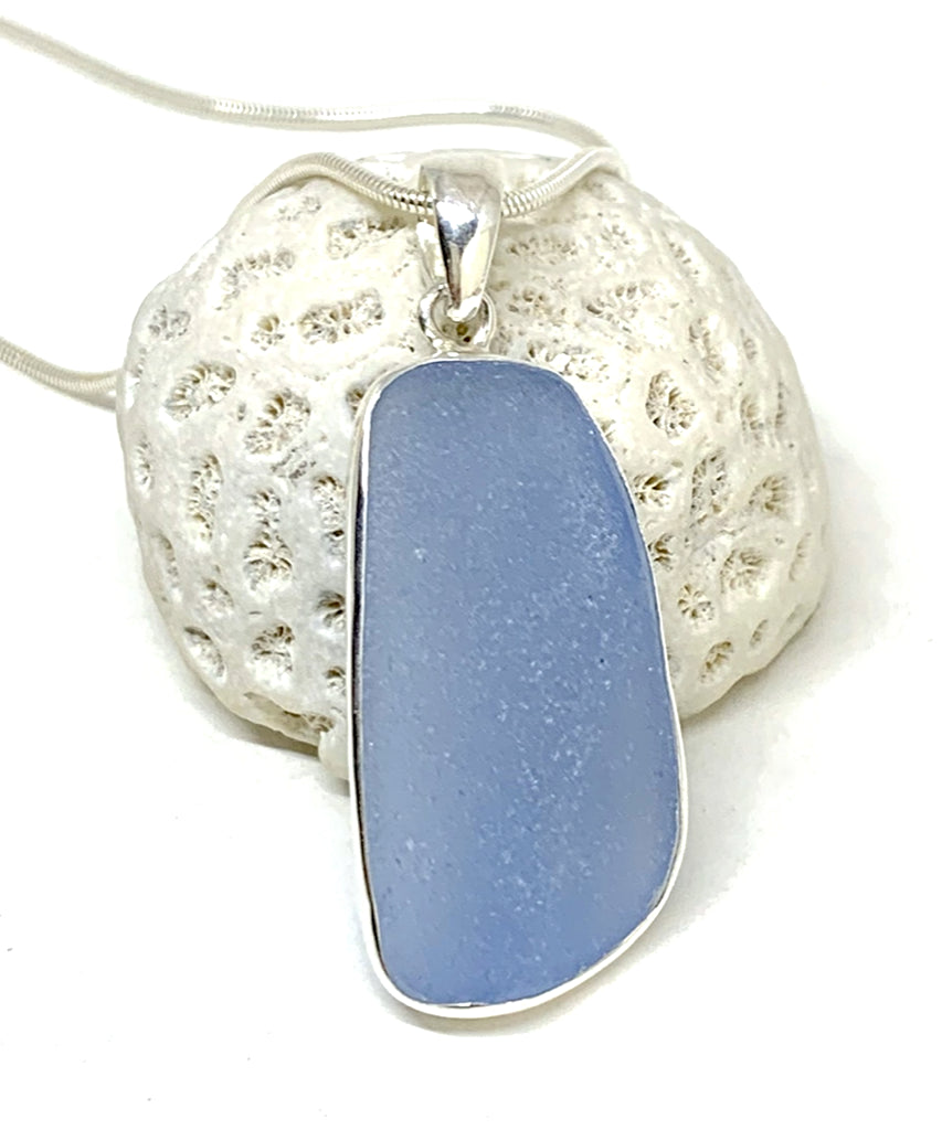 Large Light Blue Sea Glass Pendant on Silver Chain