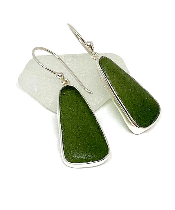 Dark Olive Green Sea Glass Open Back Drop Earrings