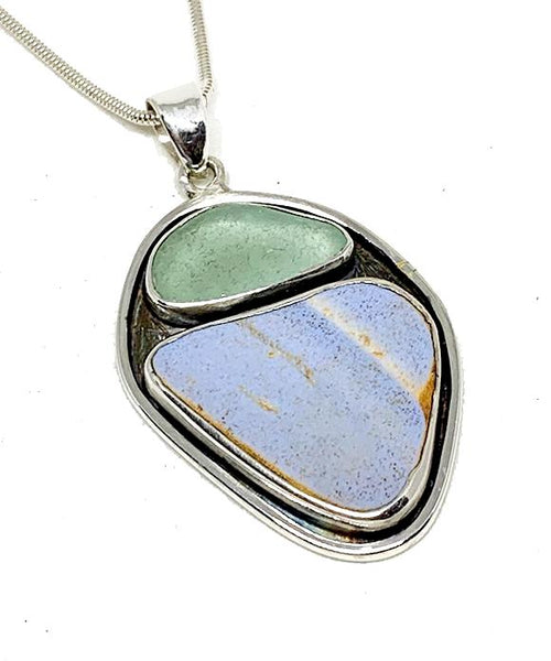 Aqua Sea Glass & Textured Periwinkle Blue Sea Pottery Silver Framed Pendant on Silver Chain