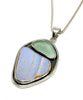 Aqua Sea Glass & Textured Periwinkle Blue Sea Pottery Silver Framed Pendant on Silver Chain