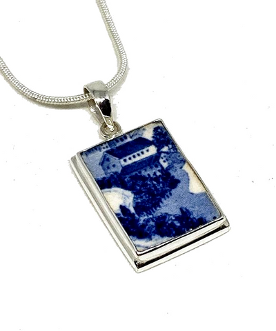 Blue and White Farm Scene Vintage Pottery Pendant