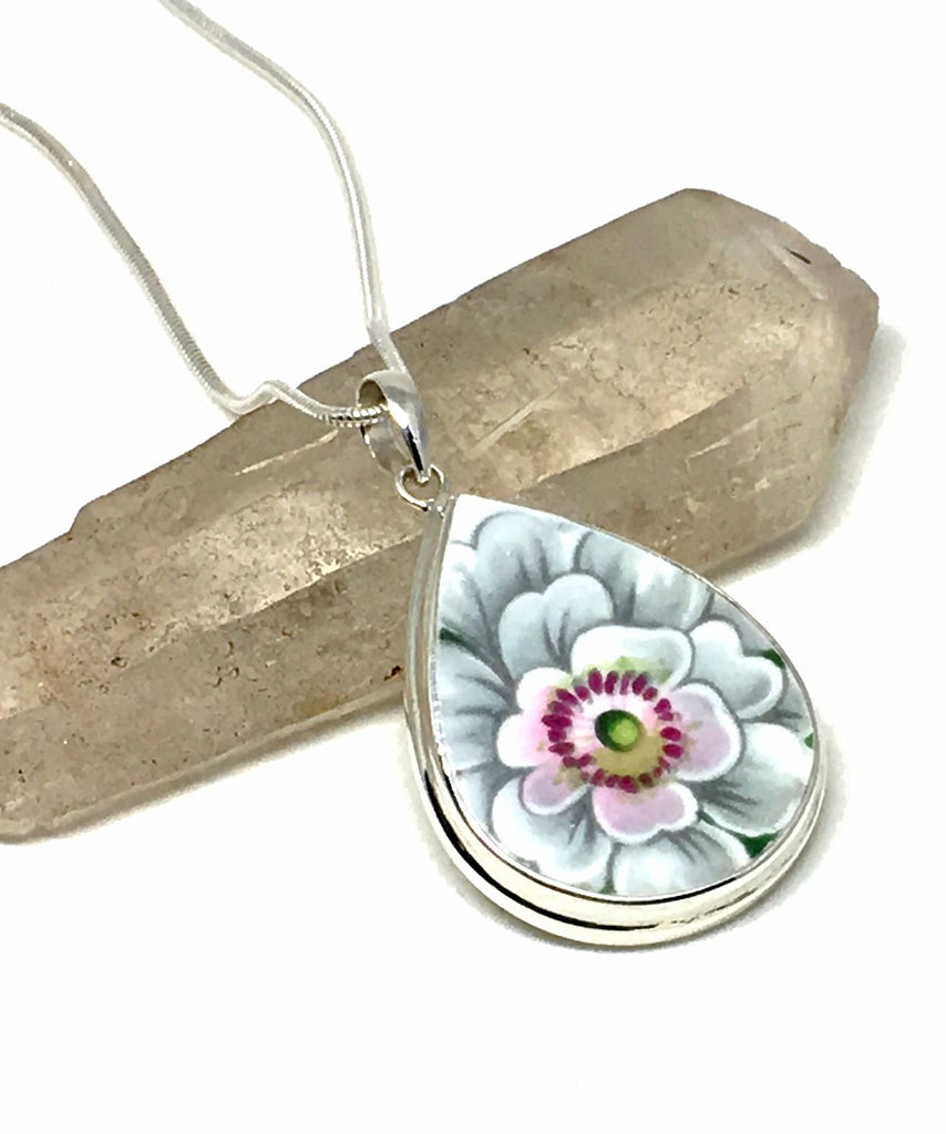 Grey & Pink Detailed Flower Vintage Pottery Pendant