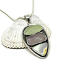 Rare Pale Yellow, Purple Depression Sea Glass & Textured Purple Sea Pottery Silver Framed Pendant on Silver Chain