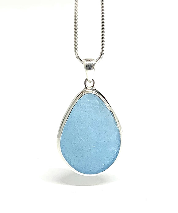 Lightly Textured Aqua Sea Glass Pendant with Heavy Rim on Silver Chain
