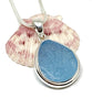 Flower Textured Aqua Sea Glass Pendant with Heavy Rim on Silver Chain
