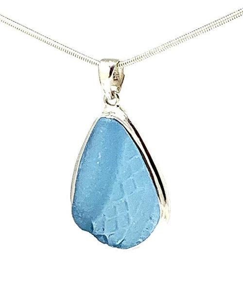 Large Textured Aqua Sea Glass Pendant with Heavy Rim on Silver Chain