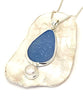 Blue Sea Glass Pendant with Pearl and Heavy Rim on Silver Chain