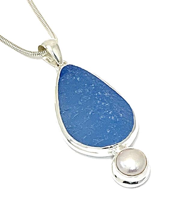 Blue Sea Glass Pendant with Pearl and Heavy Rim on Silver Chain