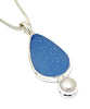 Blue Sea Glass Pendant with Pearl and Heavy Rim on Silver Chain