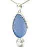 Blue Sea Glass Pendant with Pearl and Heavy Rim on Silver Chain