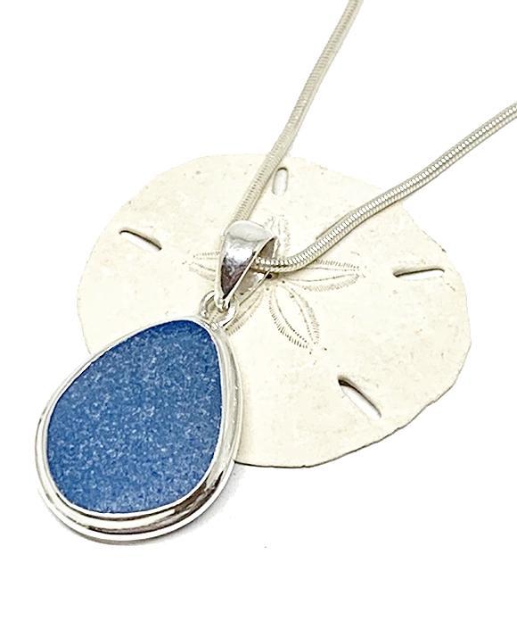 Corn Flower Blue Sea Glass Pendant with Heavy Rim on Silver Chain