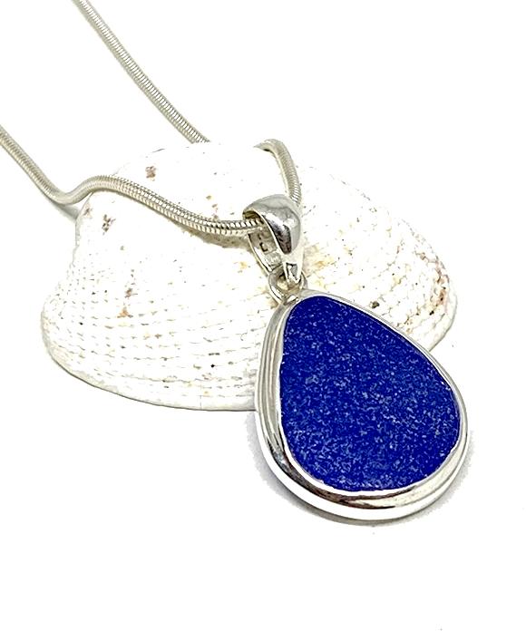 Blue Sea Glass Pendant with Heavy Rim on Silver Chain