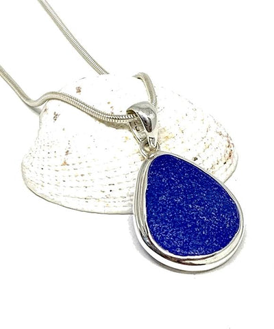 Blue Sea Glass Pendant with Heavy Rim on Silver Chain
