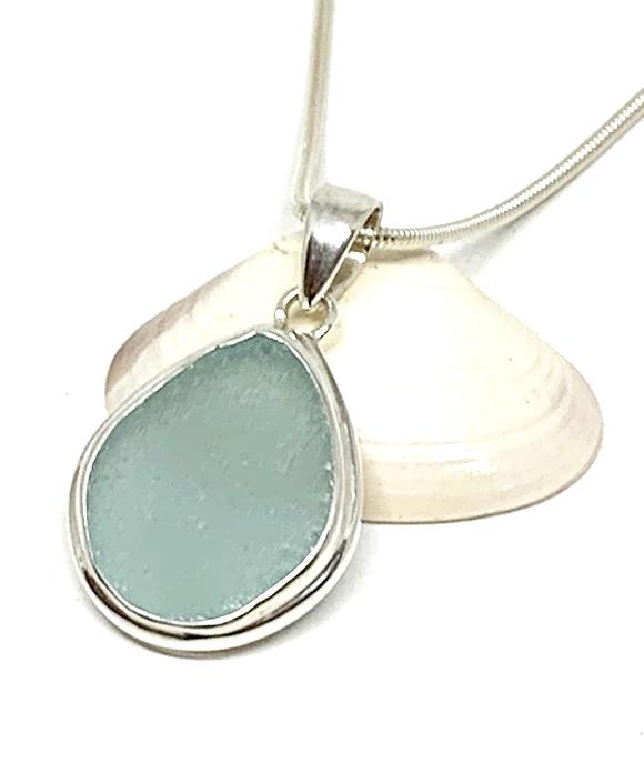 Soft Aqua Sea Glass Pendant with Heavy Rim on Silver Chain