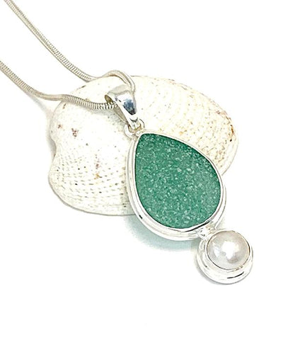 Turquoise Green Sea Glass Pendant with Pearl and Heavy Rim on Silver Chain