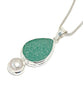 Turquoise Green Sea Glass Pendant with Pearl and Heavy Rim on Silver Chain