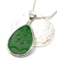 Flower Textured Emerald Green Sea Glass Pendant with Heavy Rim on Silver Chain