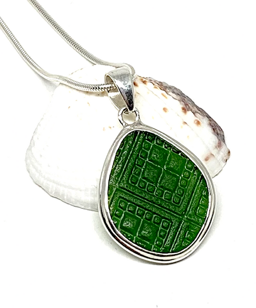 Textured Dark Green Sea Glass Pendant with Heavy Rim on Silver Chain