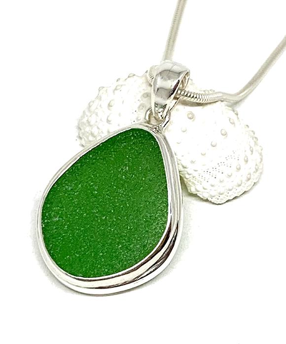 Kelly Green Sea Glass Pendant with Heavy Rim on Silver Chain