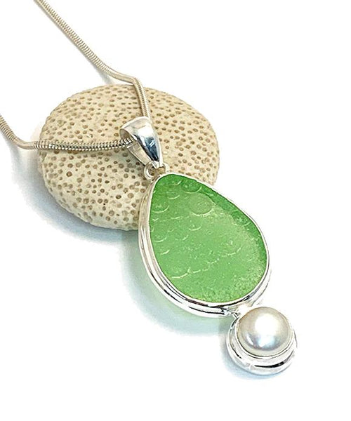 Textured Lime Green Sea Glass Pendant with Pearl and Heavy Rim on Silver Chain