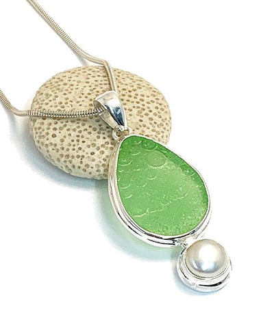 Textured Lime Green Sea Glass Pendant with Pearl and Heavy Rim on Silver Chain