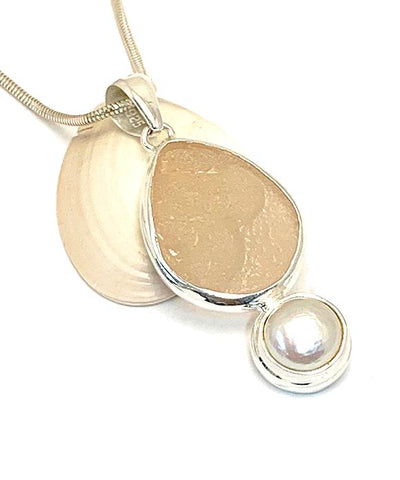 Pink Textured Sea Glass Pendant with Pearl and Heavy Rim on Silver Chain
