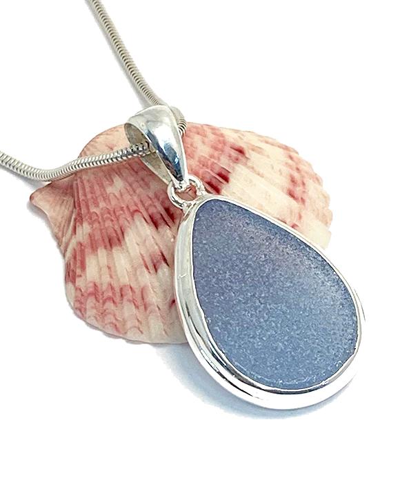 Corn Flower Bue Sea Glass Pendant with Heavy Rim on Silver Chain