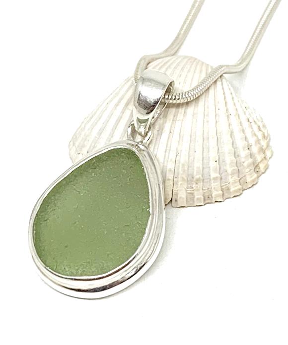 Light Olive Sea Glass Pendant with Heavy Rim on Silver Chain