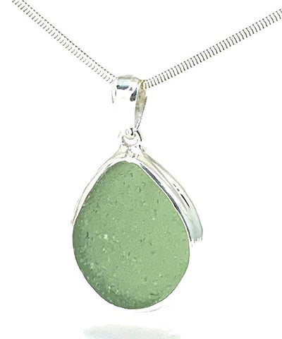 Soft Olive Green Sea Glass Pendant on Silver Chain