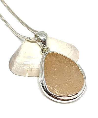 Peach Sea Glass Pendant with Heavy Rim on Silver Chain