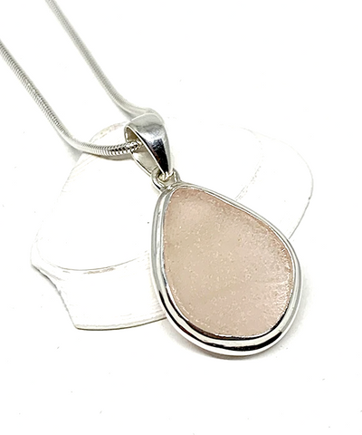 PInk Sea Glass Pendant with Heavy Rim on Silver Chain