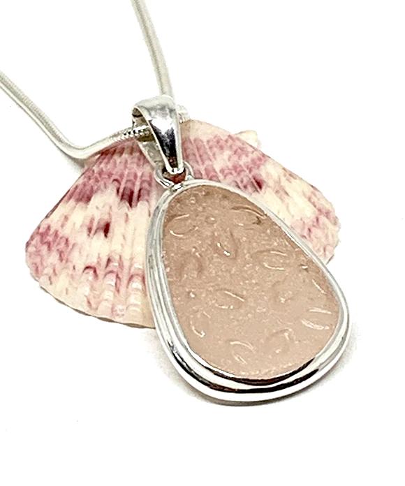 Flower Textured Pink Sea Glass Pendant with Heavy Rim on Silver Chain