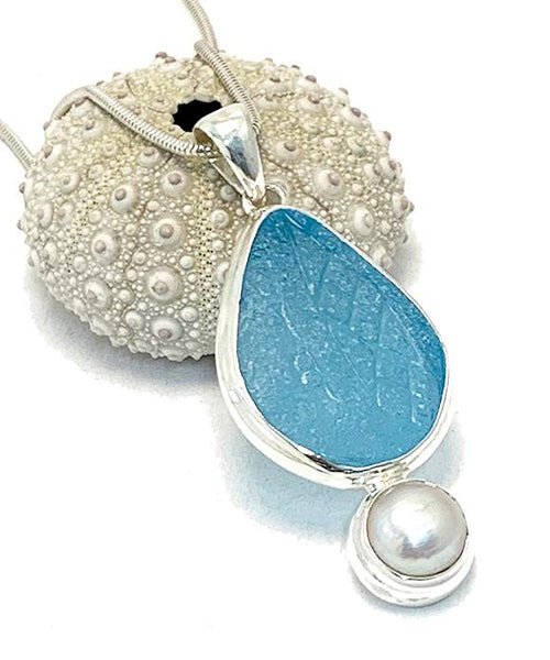 Bright Textured Aqua Sea Glass Pendant with Pearl and Heavy Rim on Silver Chain