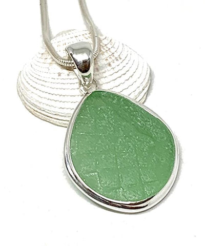 Lightly Textured Lime Green Sea Glass Pendant with Heavy Rim on Silver Chain
