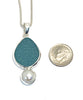 Teal Sea Glass Pendant with Pearl and Heavy Rim on Silver Chain