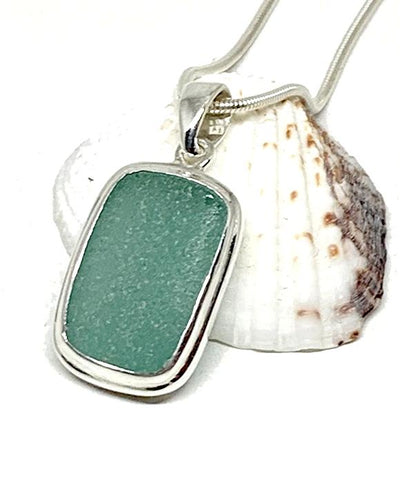 Rectangle Shaped Turquoise Sea Glass Pendant with Heavy Rim on Silver Chain