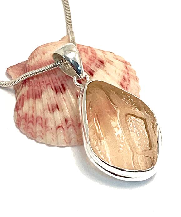 Texture Pink Sea Glass Pendant with Heavy Rim on Silver Chain