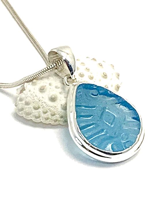 Textured Bright Aqua Sea Glass Pendant on Silver Chain