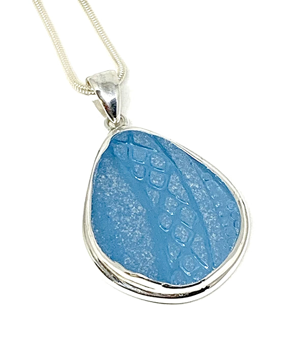 Textured Dark Aqua Sea Glass Pendant with Heavy Rim on Silver Chain