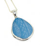 Textured Dark Aqua Sea Glass Pendant with Heavy Rim on Silver Chain