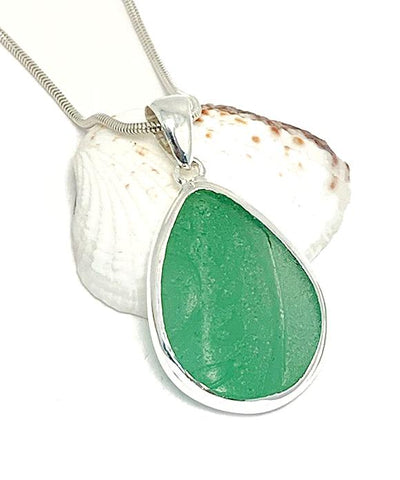 Textured Green Sea Glass Pendant on Silver Chain