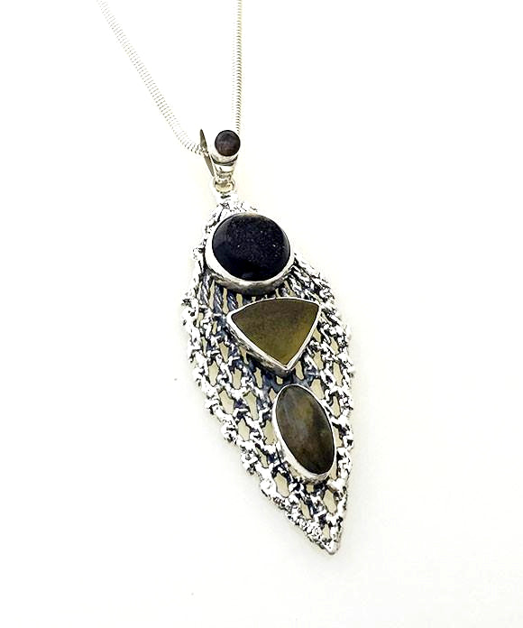 Antique Sterling Lace Wing with Olive Sea Glass and Geode Pendant on Sterling Chain